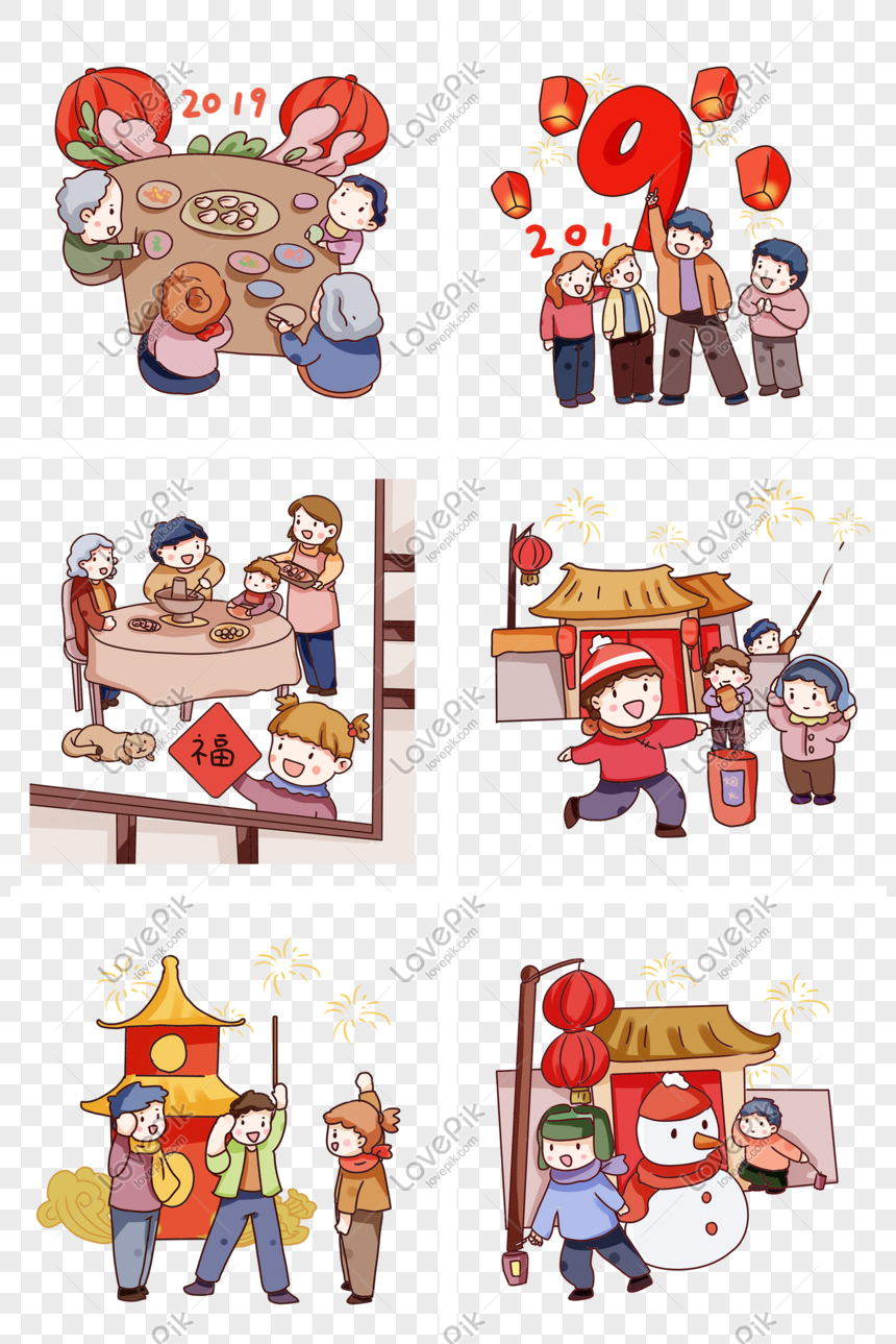 Hand Drawn Cartoon 2019 New Year Set Illustration PNG White Transparent ...