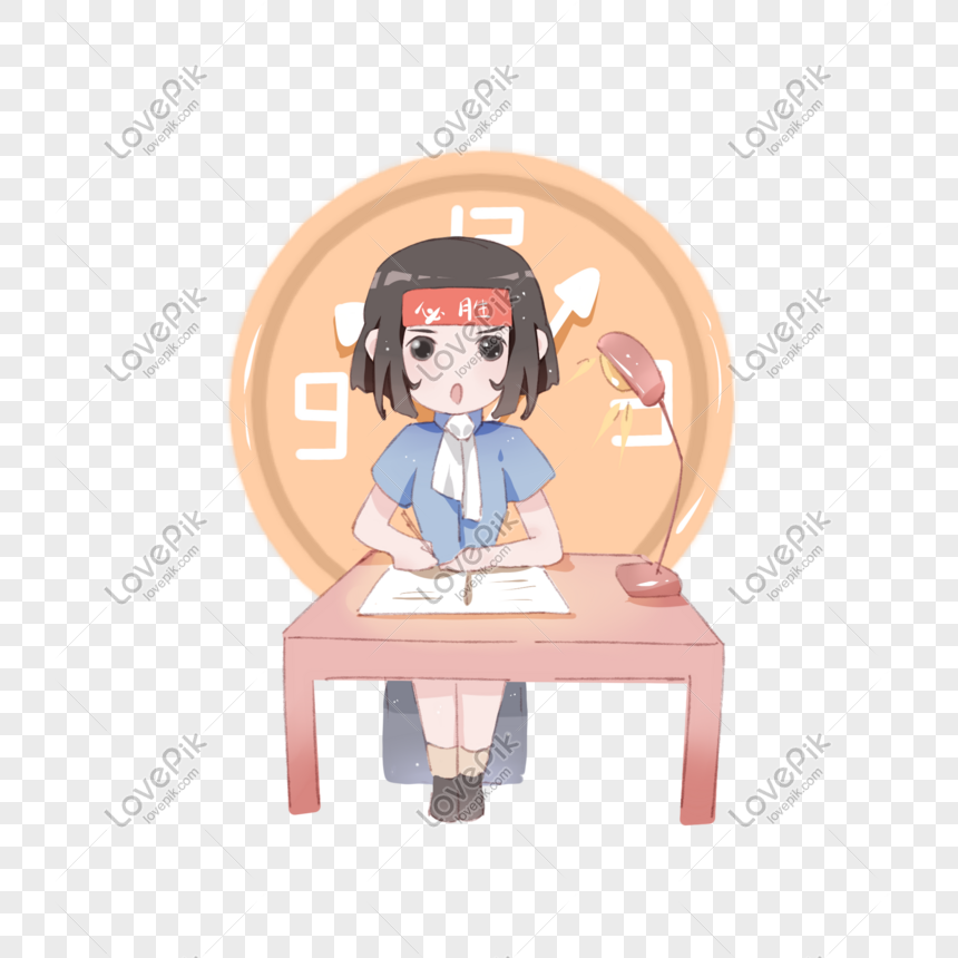 Hand drawn coping big test girl character illustration, Hand-painted essays must pass girls, coping with girls, girls on the examination room png image free download