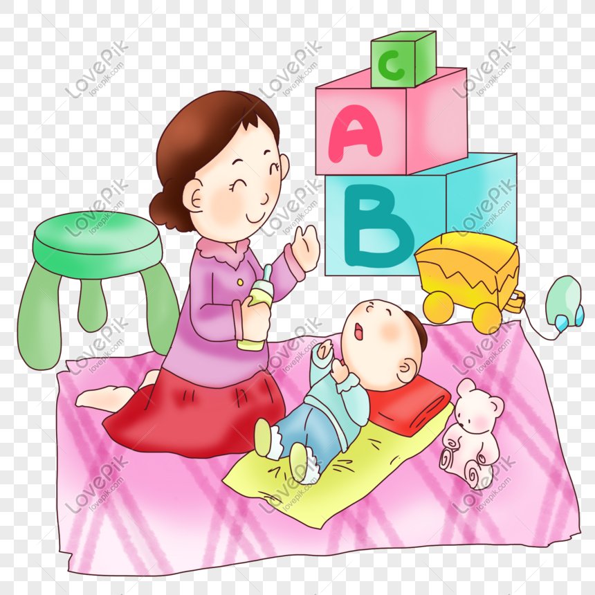 赤ちゃんのイラストで遊ぶ母 イラスト かわいい赤ちゃん 美しい子供 子供を持つ母 フリー素材 透過 Lovepik