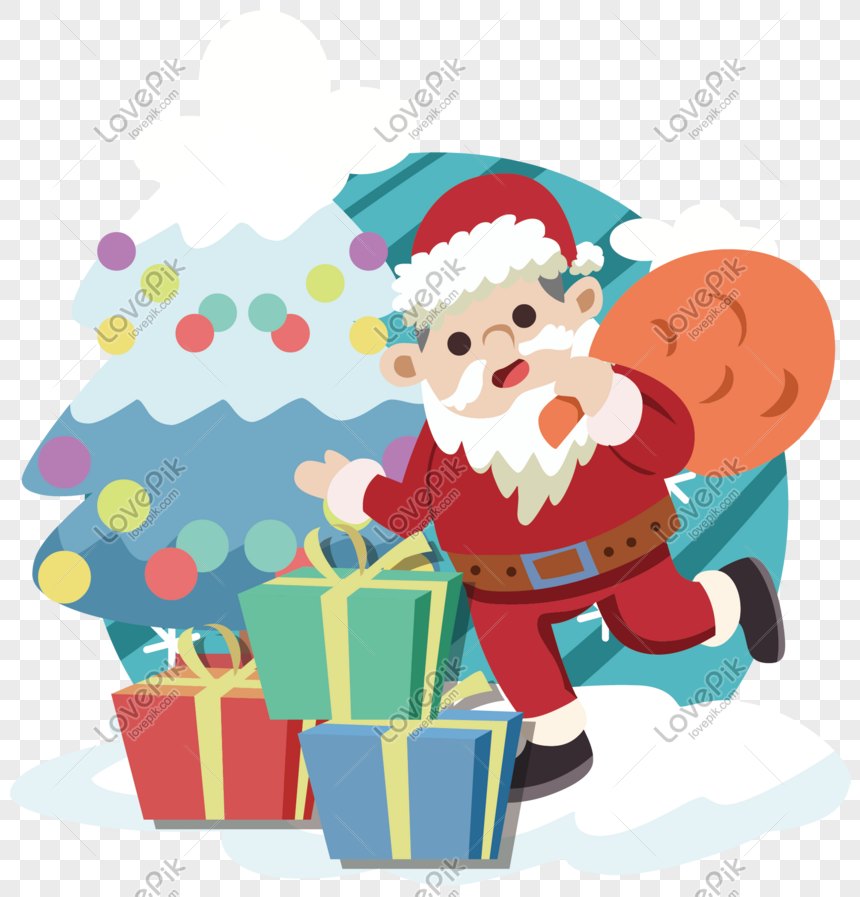 Cartoon santa giving a present, Santa giving gifts, red Santa hat, Christmas parcel png image