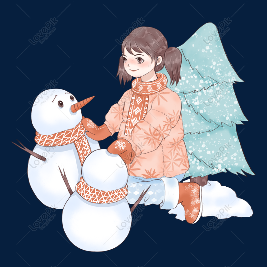 Illustration Of A Girl Pushing A Snowman, Winter Snowman, Hand Drawn ...