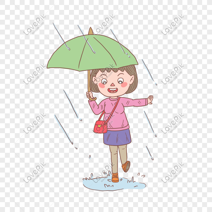 Cartoon Hand Drawn Character Playing Girl On Rainy Day PNG Hd ...