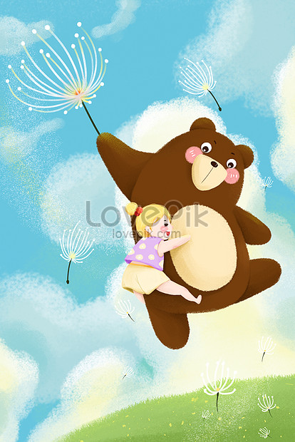 Grumpy girl bear dandelion flying blue cartoon illustration illustration  image_picture free download 