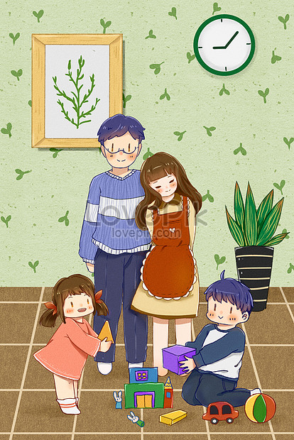 Family warm family, four small fresh cartoon, cute and lovely illustration  image_picture free download 