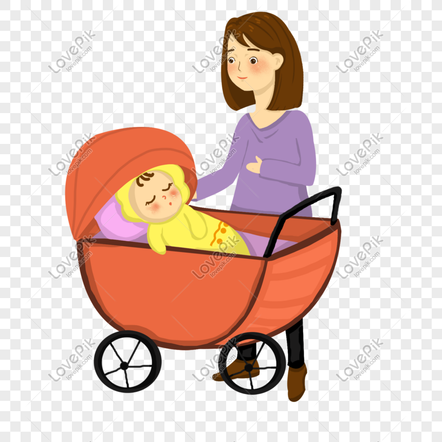 Baby illustration of mother and baby sleeping, Mother and baby hand drawn illustration, orange pram, beautiful mom png transparent background