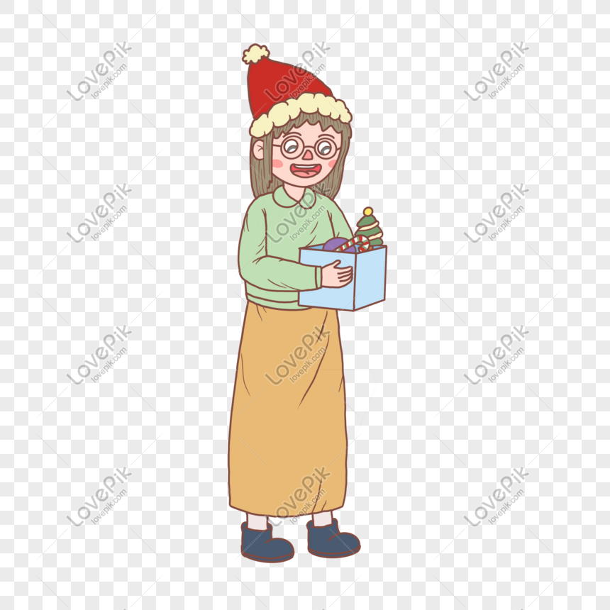 Christmas cartoon hand drawn presents and girl, Christmas, christmas night, cartoon png image