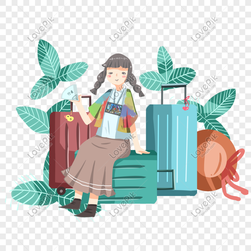 Tourist girl sitting on a suitcase, Tourist characters hand drawn illustration, beautiful girl, three suitcases png free download