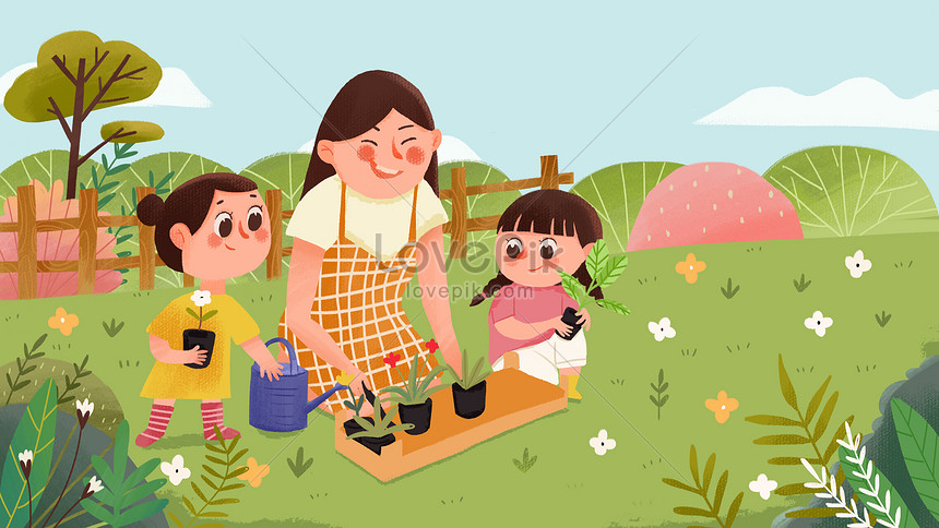 kids planting flowers clipart