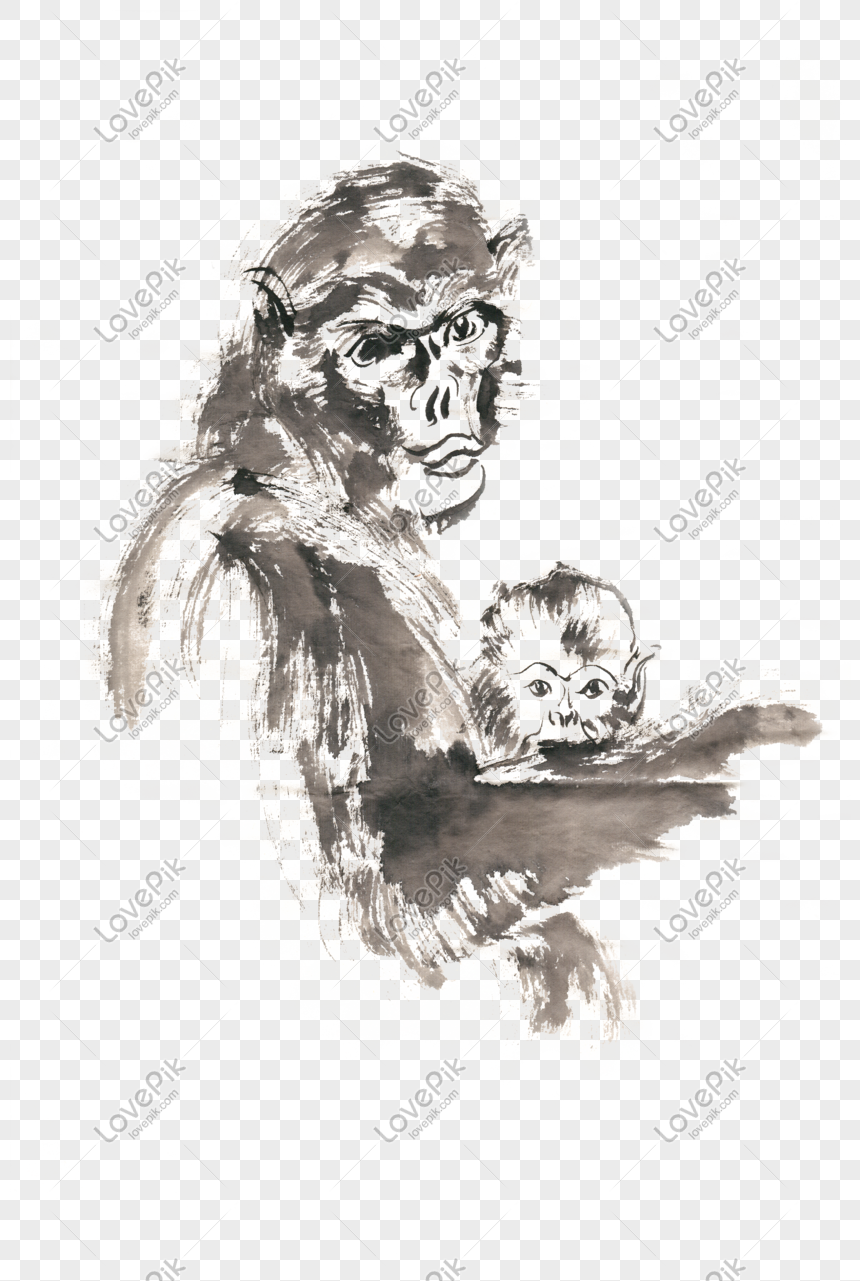 Dependent Mother And Child Monkey Ink Painting Png Free Material PNG ...