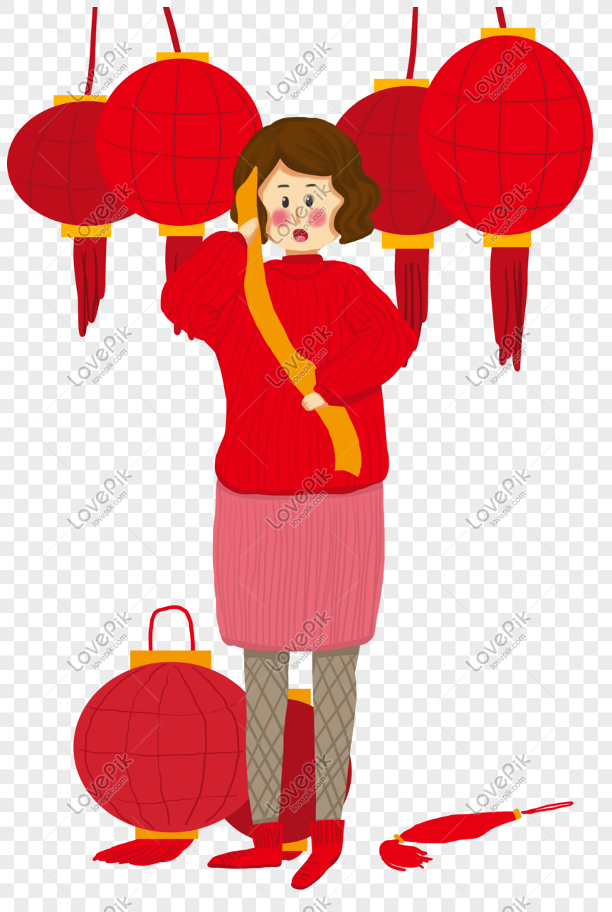 Red Chinese Year Lantern Girl Illustration, Hand-painted, Red Chinese ...