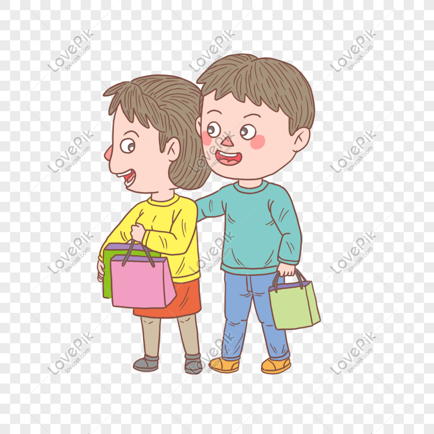 Cartoon Hand Drawn Character Shopping Gift Couple PNG Transparent And ...