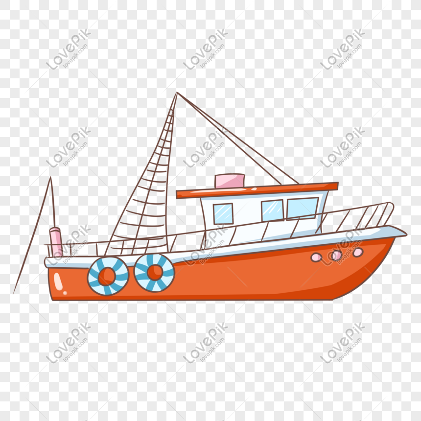 Hand drawn orange cruise ship illustration, Orange boat, beautiful boat, blue lifebuoy png image free download