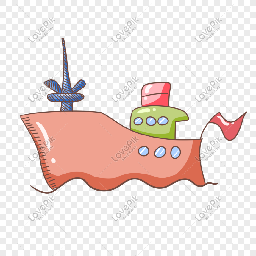 Hand drawn beautiful cruise ship illustration, Pink cruise ship, blue ornament, red banner png image