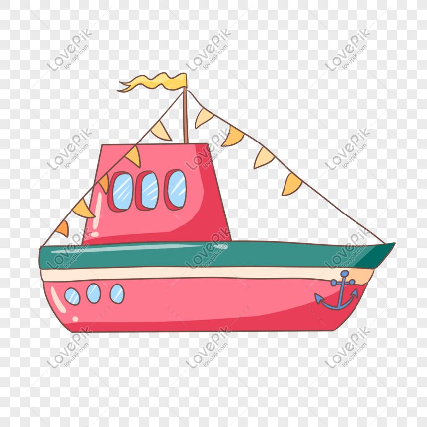 Hand drawn red cruise ship illustration, Red cruise ship, pink cruise ship, yellow flag png image free download