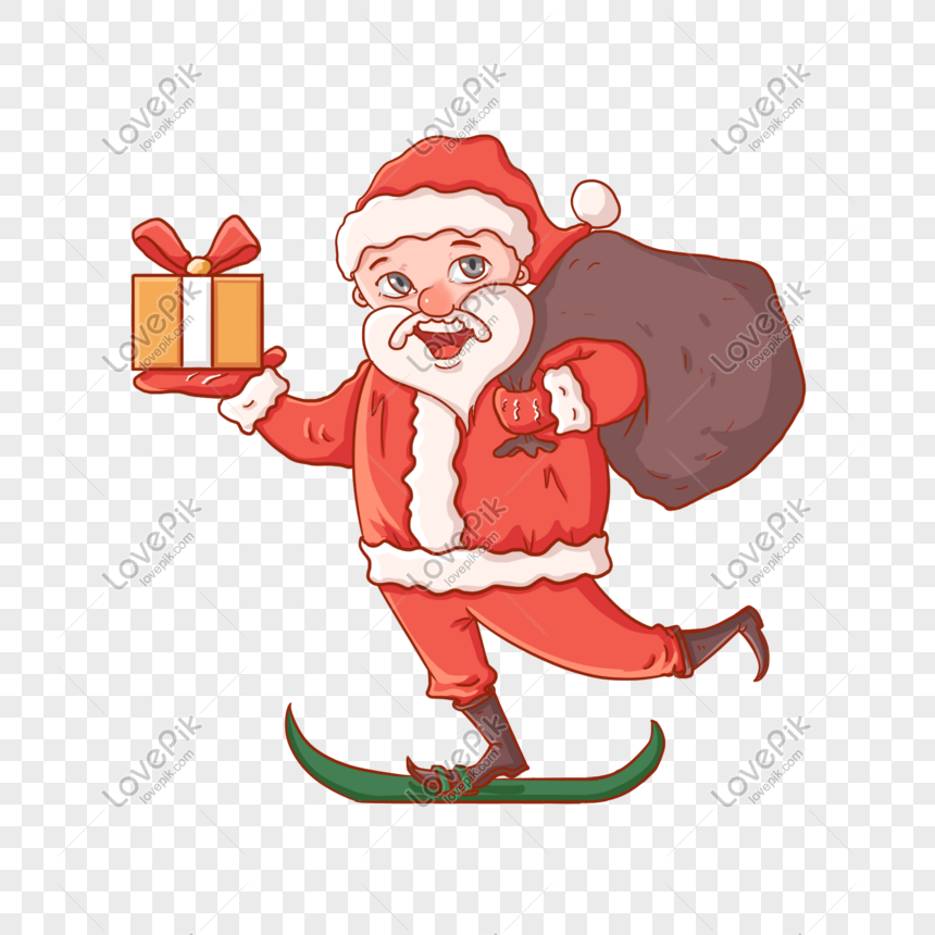 Cute cartoon santa claus giving a present, Christmas, hand drawn, cartoon png image