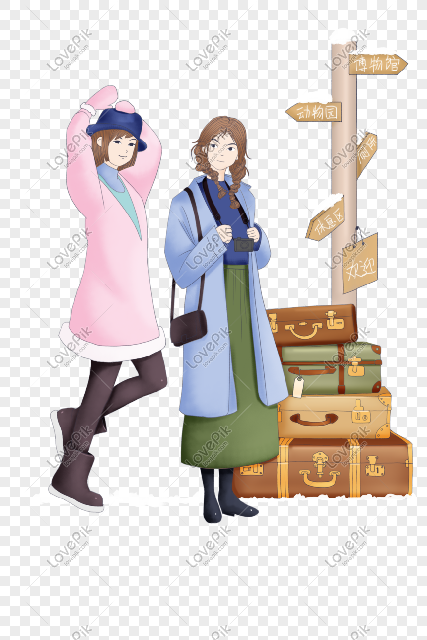 Winter travel characters and street sign illustration, Winter tourist character illustration, falling snow street sign, cute little girl png transparent background
