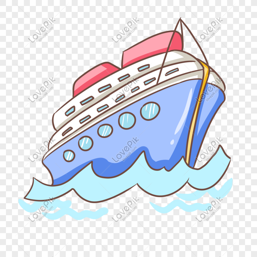 Hand drawn broken wave cruise ship illustration, Wave breaking cruise ship, blue cruise ship, pink cabin png transparent background