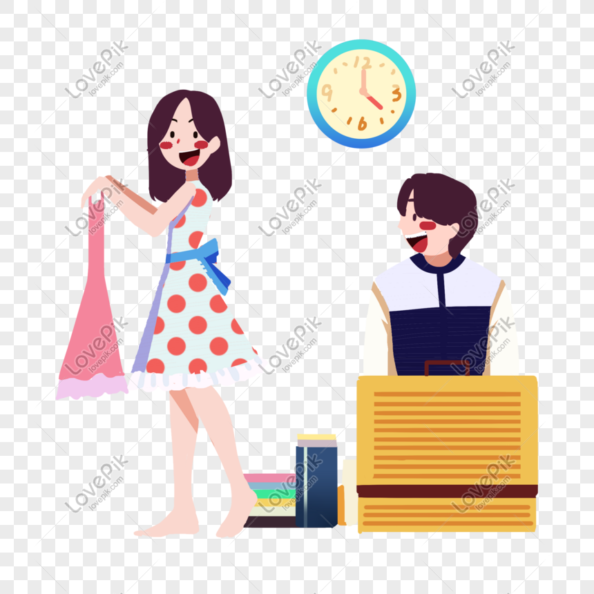 Tourist girl hand drawn illustration, Tourist character illustration, girl buying clothes, yellow checkout counter png image