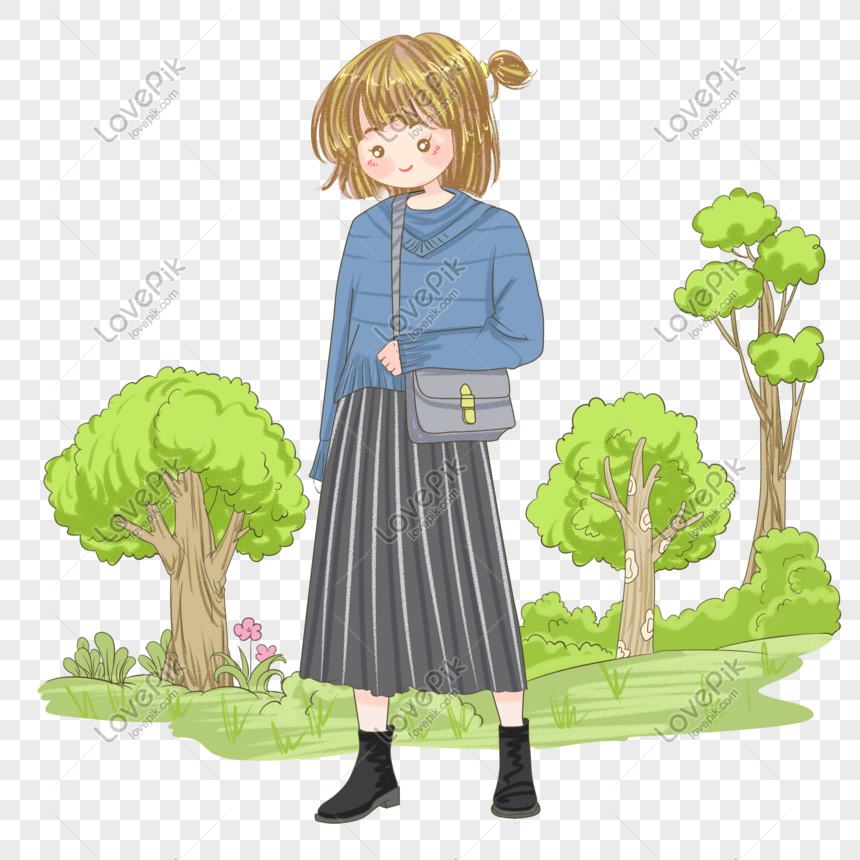 Hand drawn forest travel illustration, Green big tree, green grass, beautiful girl png image