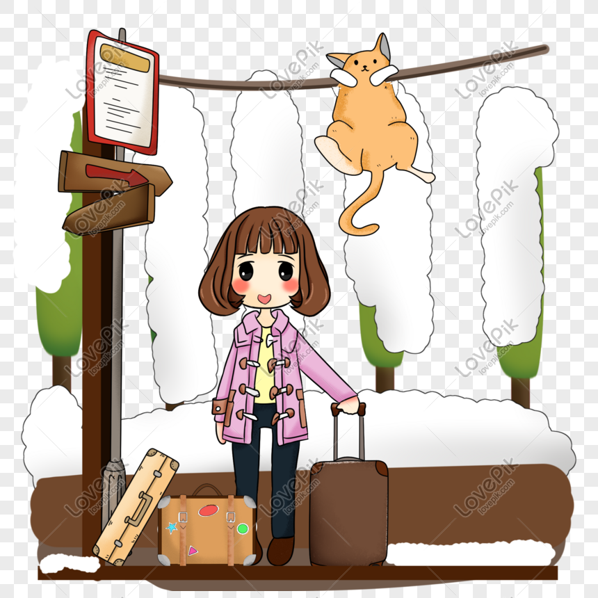 Winter travel characters and street sign illustration, Winter travel characters illustration, cute little girl, suitcase png image free download