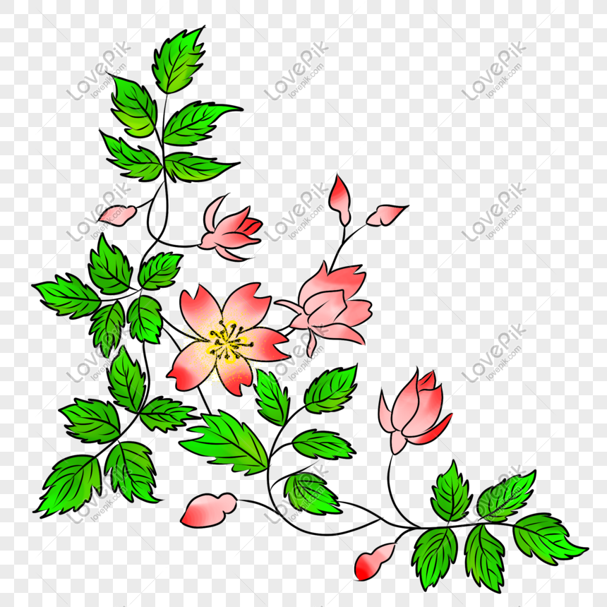 Hand Drawn Flowers Green Leaves Illustration PNG Hd Transparent ...