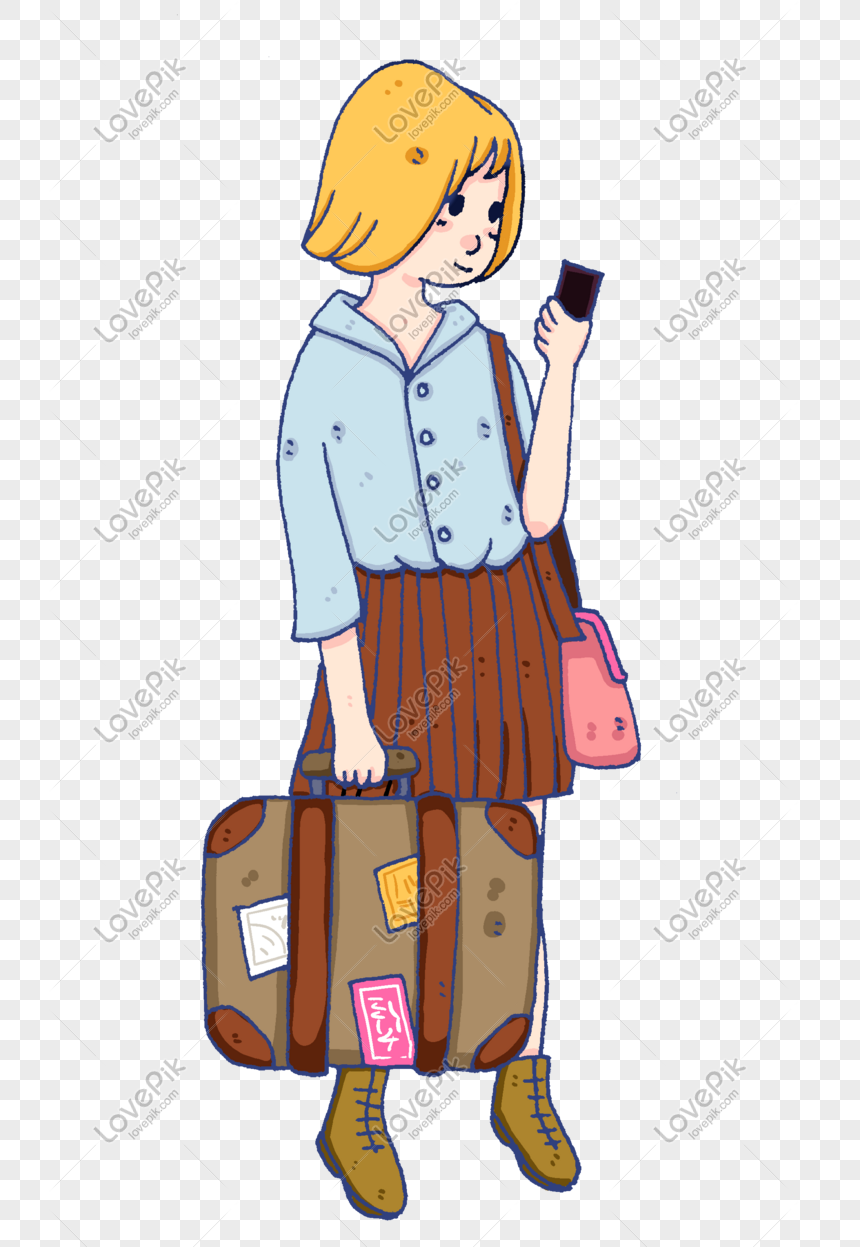 girl traveling looking at mobile phone, Travel character illustration, black mobile phone, brown handbag png transparent background