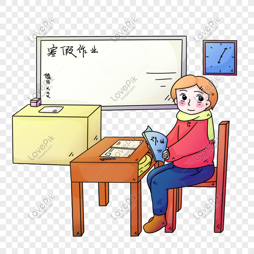 Winter holiday homework illustration, Winter holiday character illustration, yellow speaking desk, white blackboard png image