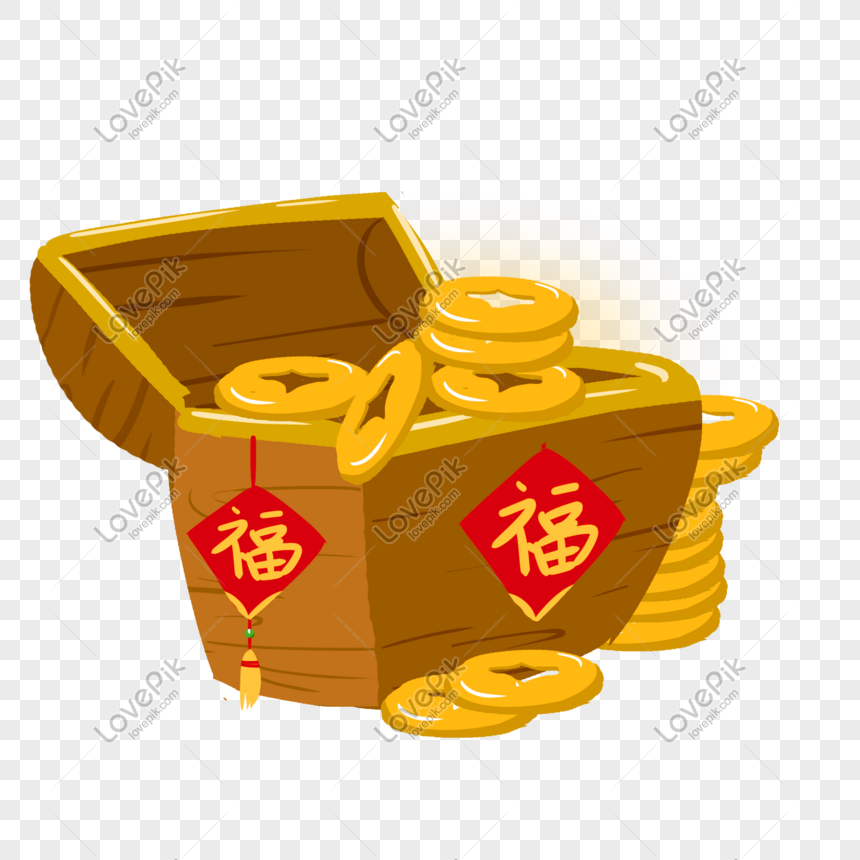 Chinese style treasure chest gift box with golden coin and ingot,  translation: receive winning prize Stock Vector