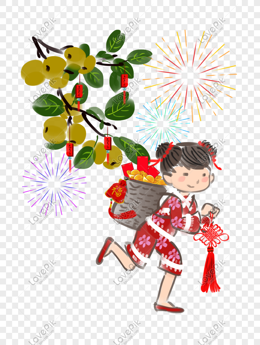 Hand Drawn New Year Fireworks Illustration, Blooming Fireworks, Red 