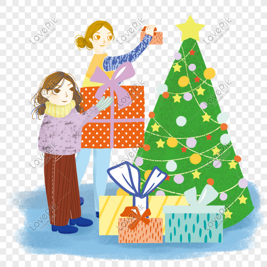 Download Cartoon Hand Drawn Girl With Gift And Beautiful Christmas Tree C Png Image Picture Free Download 611629015 Lovepik Com PSD Mockup Templates