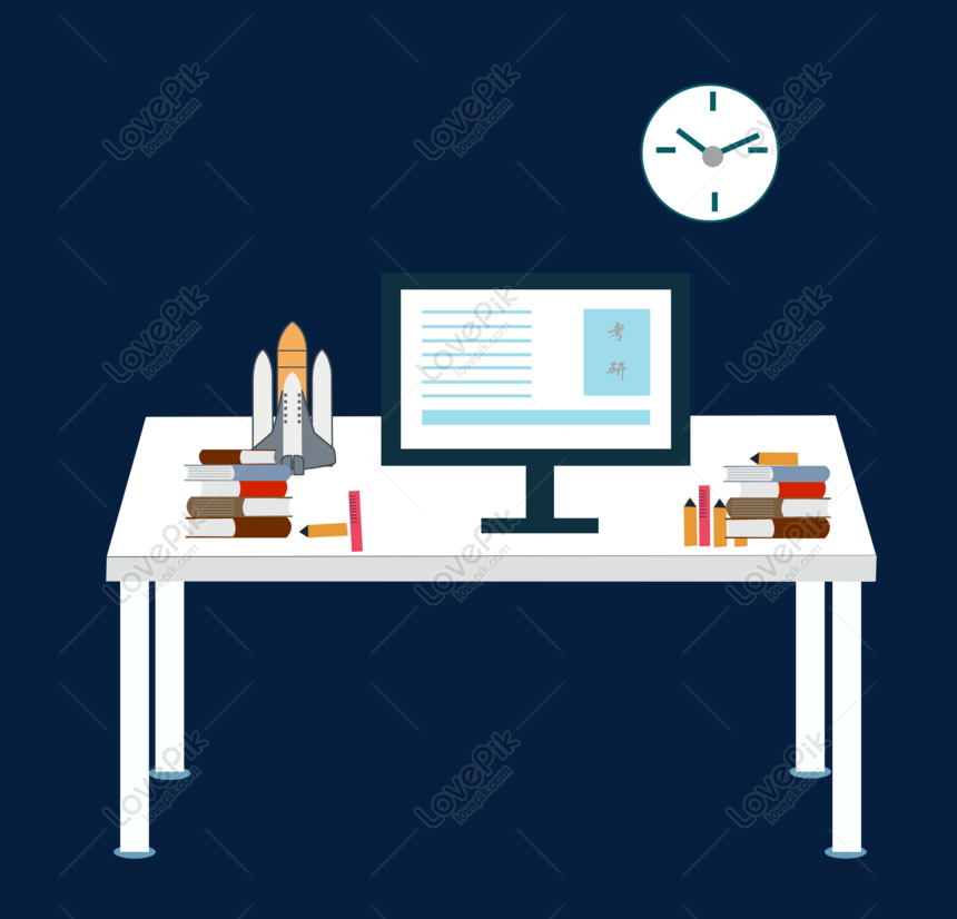 Hand-painted essay, Desktop computer, clock, book png transparent image