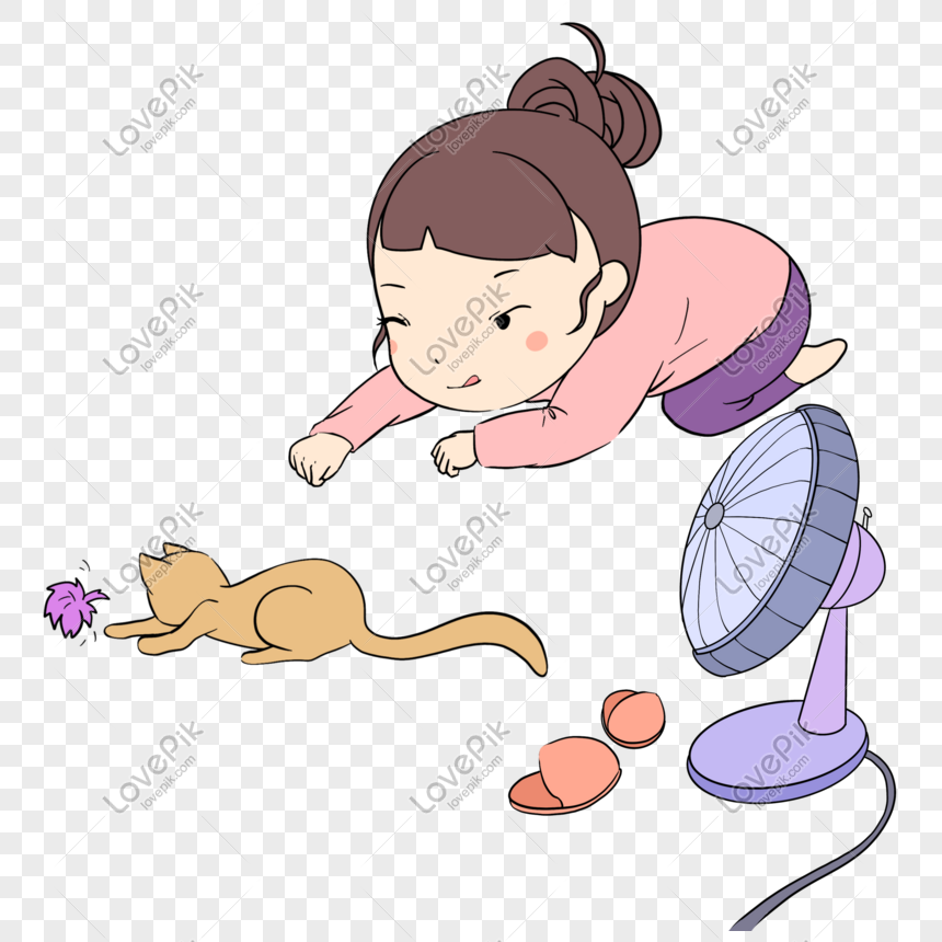 Girl Hand Drawing Illustration Of House And Cat Playing PNG Image 