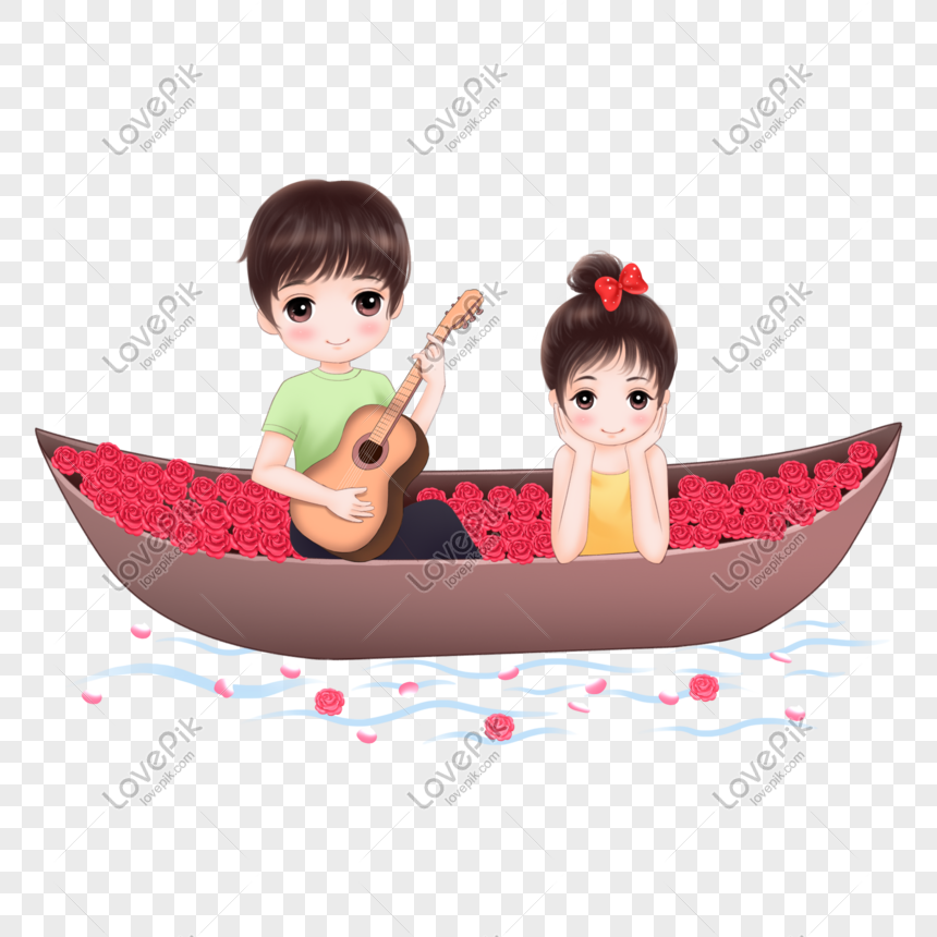 Valentine's Day Cartoon Boat Couple, Valentine's Day cartoon, boat couple, red rose png free download