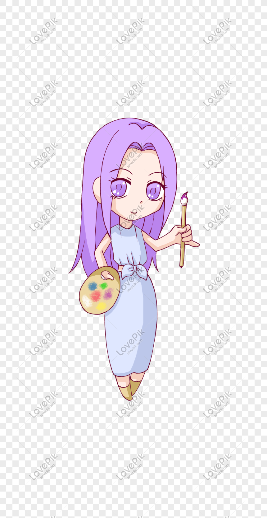 Cute Purple Long Hair Literary Fan Goddess Hand Painted Material ...