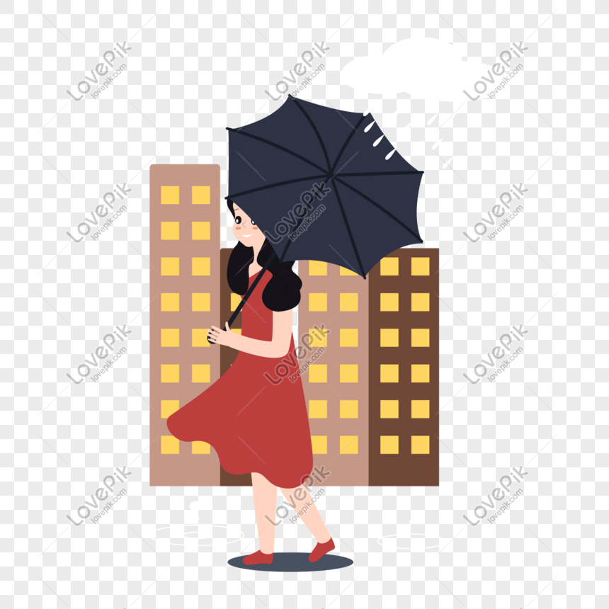Gadis Bandar Kartun Berjalan Dalam Hujan Gambar Unduh