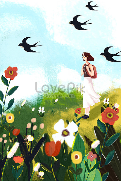 春の風景の花が手で手描き風イラストを飲み込むイメージ 図 Id Prf画像フォーマットjpg Jp Lovepik Com