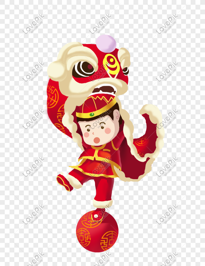 New Year Characters And Dancing Lion Illustration PNG Transparent ...