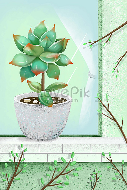 春の窓枠に多肉植物の緑の小さな新鮮なイラストイメージ 図 Id Prf画像フォーマットjpg Jp Lovepik Com