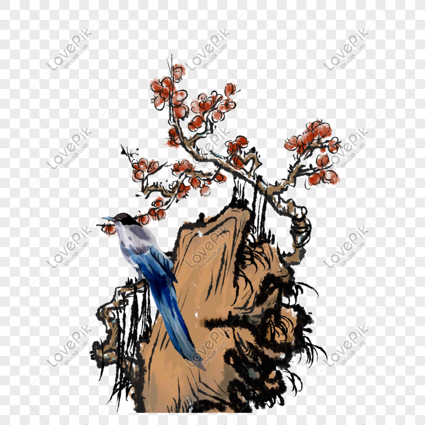 Montaña Piedra Rojo Ciruela Azul Pájaro Flor Pájaro Tinta Litera PNG  Imágenes Gratis - Lovepik