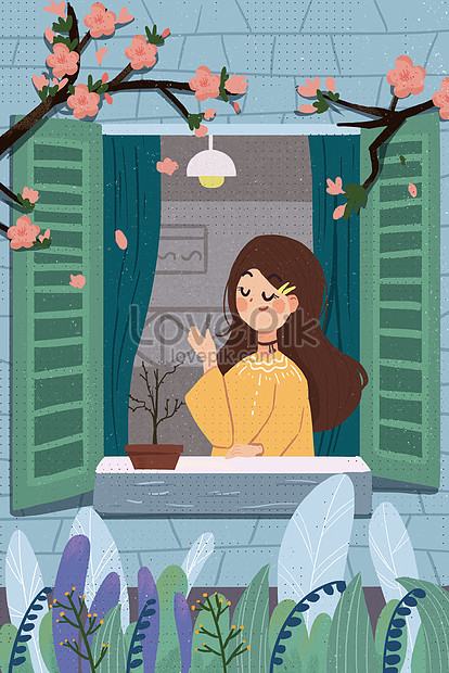 Tháng Hai Xin Chào Cây Mùa Xuân Plum Blossom Girl Window Cartoon Hình ảnh |  Định dạng hình ảnh JPG 630022581