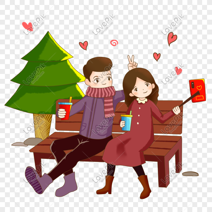 Hand Drawn Valentine Drink Illustration, Red Bench, Loving Couple ...