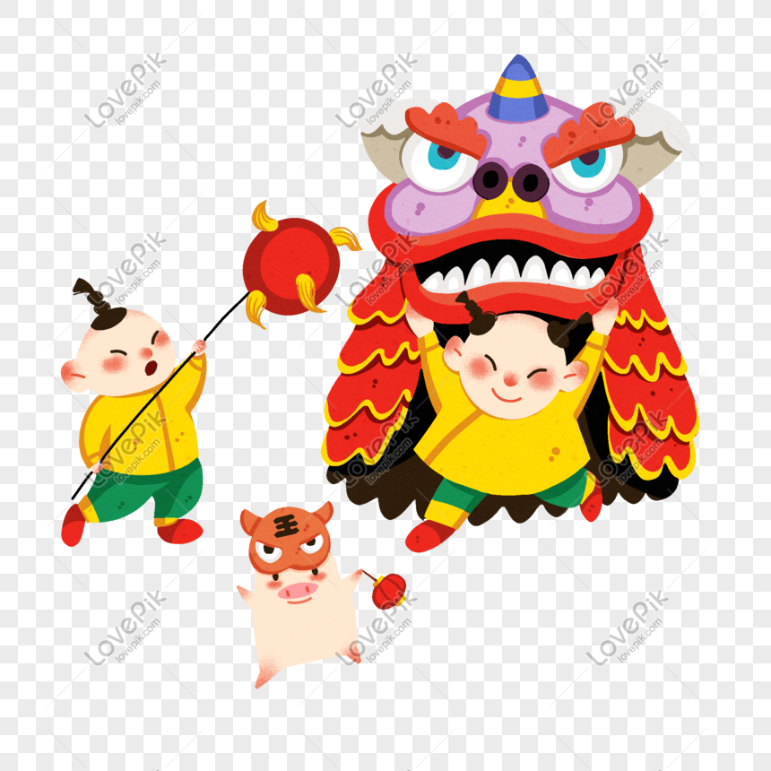 Chinese New Year Characters And Dancing Lions PNG Image And Clipart ...