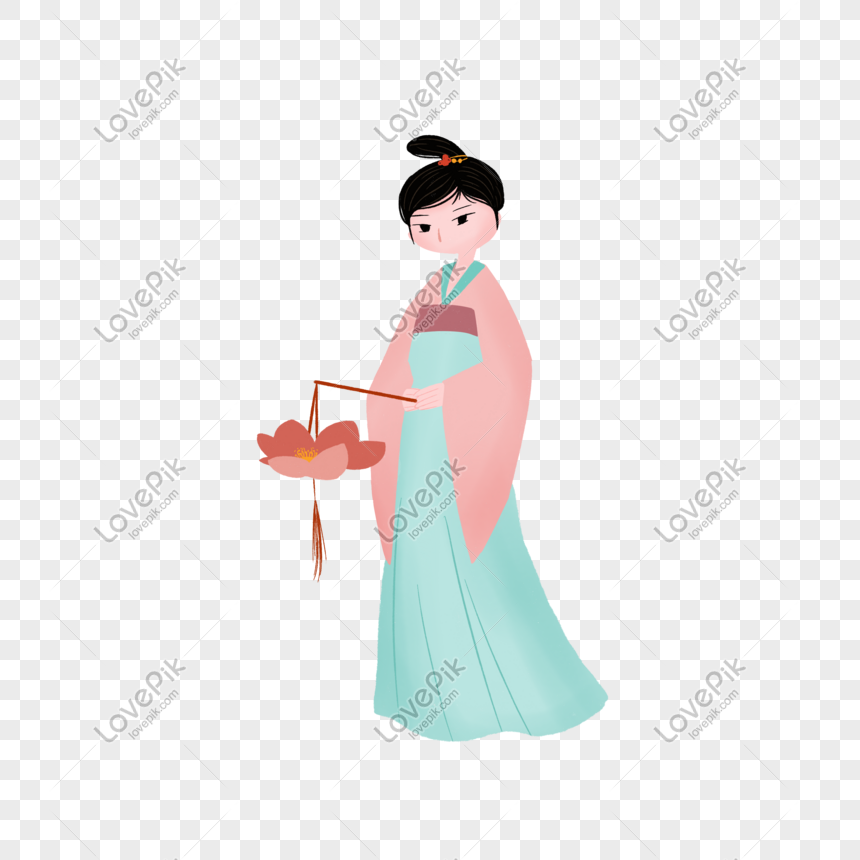 Chinese Style Lotus Lanterns Hanfu Girl Retro Hand Painted Free PNG And ...