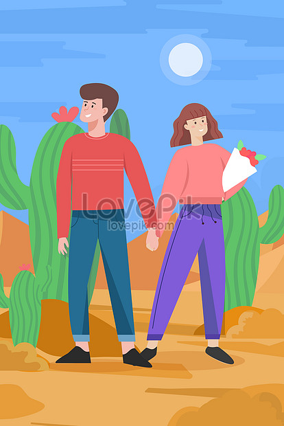 Cartoon couple romantic love valentine holiday travel desert ill, Cartoon, couple, romance illustration
