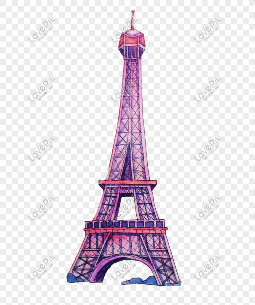 Hand drawn eiffel tower illustration, Hand drawn architectural landmarks, purple eiffel tower, buildings png transparent image