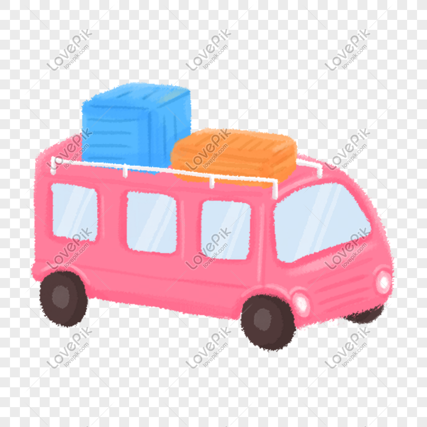 Travel pink luggage bus hand drawn illustration psd, Travel, pink, baggage png image free download