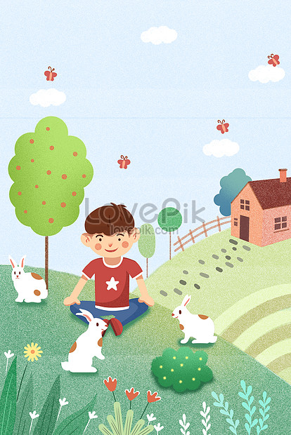 February green spring boy bunny cartoon outdoor stepping flat il  illustration image_picture free download 