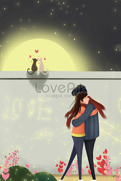 Valentines day cartoon boy girl hugging starry night sky illustration  image_picture free download 