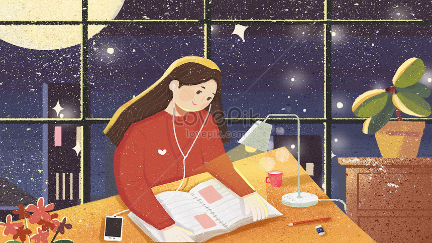 冬の休日のライフスタイルの女の子の読書研究夜景漫画イラストイメージ 図 Id Prf画像フォーマットjpg Jp Lovepik Com