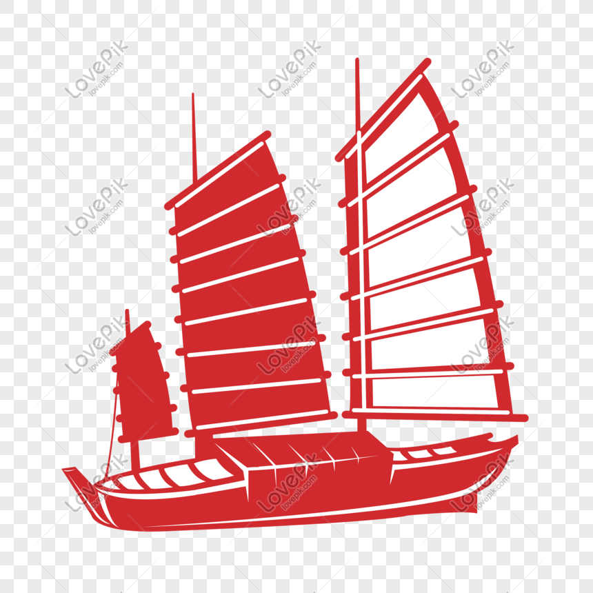 Red Chinese style paper-cut sailboat hand drawing, Paper-cut sailboat, red paper-cut, sailboat free png